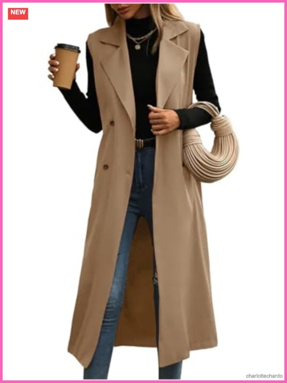 Women's Sleeveless Trench Coat Double Breasted Vest Jacket